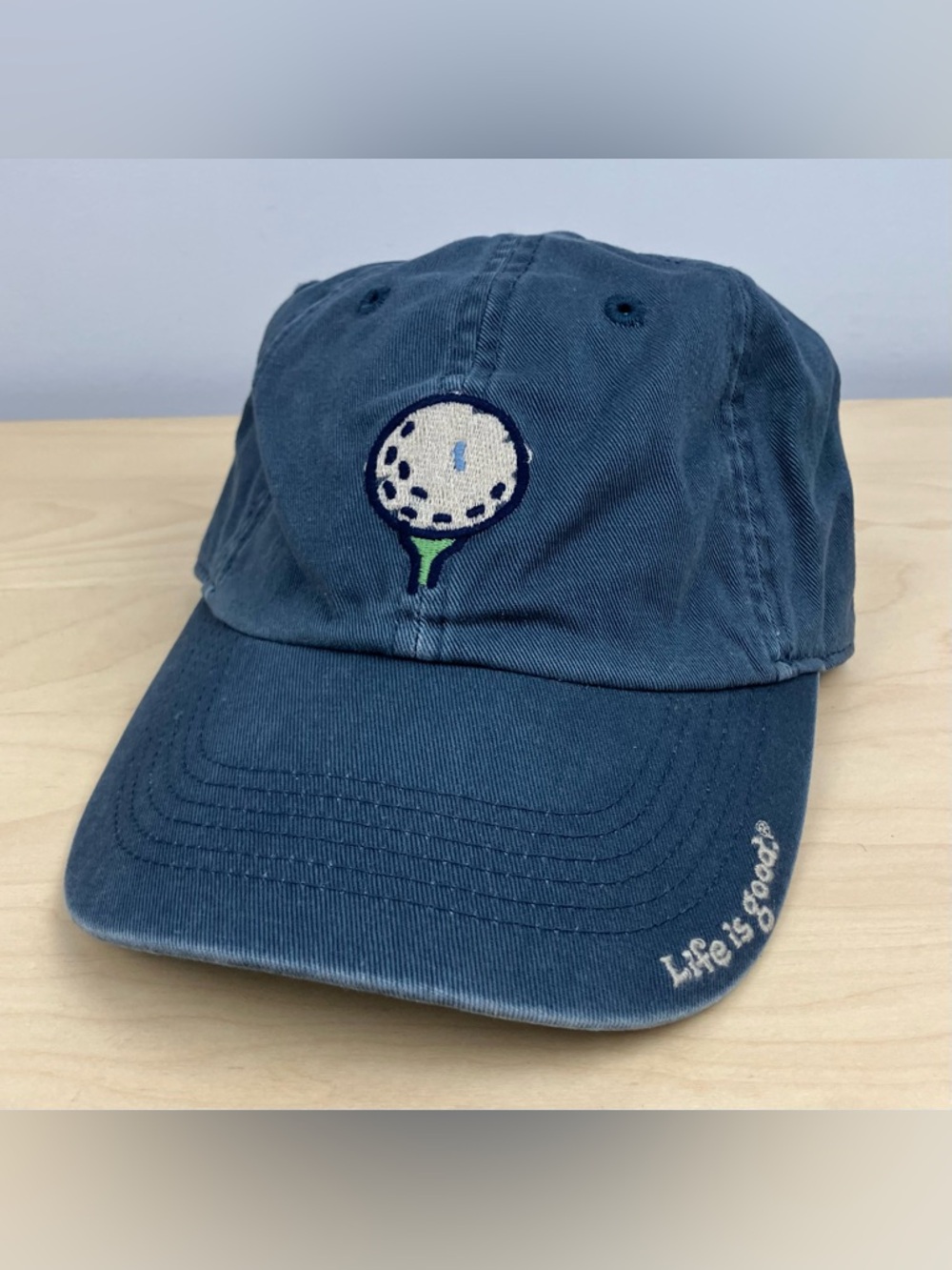 Life Is Good Strapback Dad Hat Golf Ball Tee Embroidered Logo Blue (Sample)